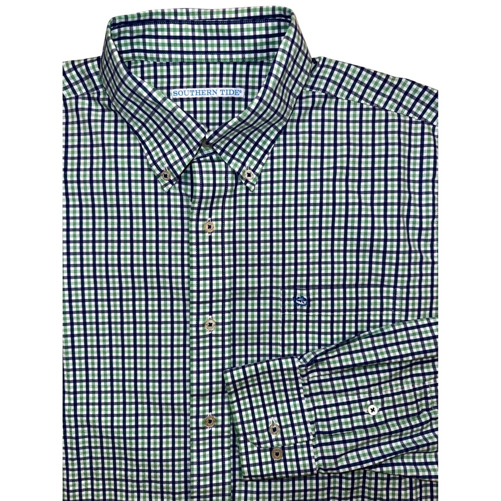 Southern Tide Mens Large Green Navy Blue Gingham Check Stretch Button Down Shirt